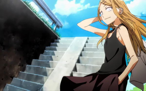 A smiling blonde girl with long hair and earrings stands at the top of stairs. She's wearing a skirt and has a confident pose, inspired by Endou Saya from the anime Dagashi Kashi.