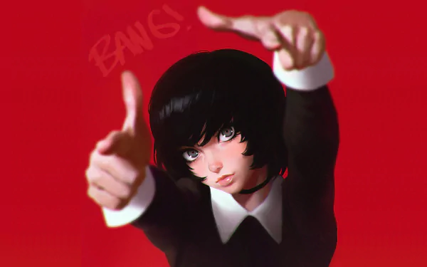 Artistic HD desktop wallpaper of a short-haired woman posing with fingers pointed forward against a vibrant red background.