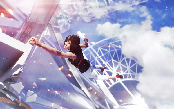 HD PC desktop wallpaper featuring Faith Connors from the video game Mirror's Edge Catalyst mid-air against a bright, futuristic cityscape with blue skies and clouds.
