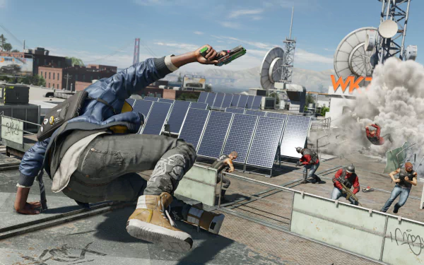 Marcus Holloway, the protagonist of Watch Dogs 2, navigates a rooftop while chaos ensues around him. This HD wallpaper captures the dynamic action and urban environment of the video game.