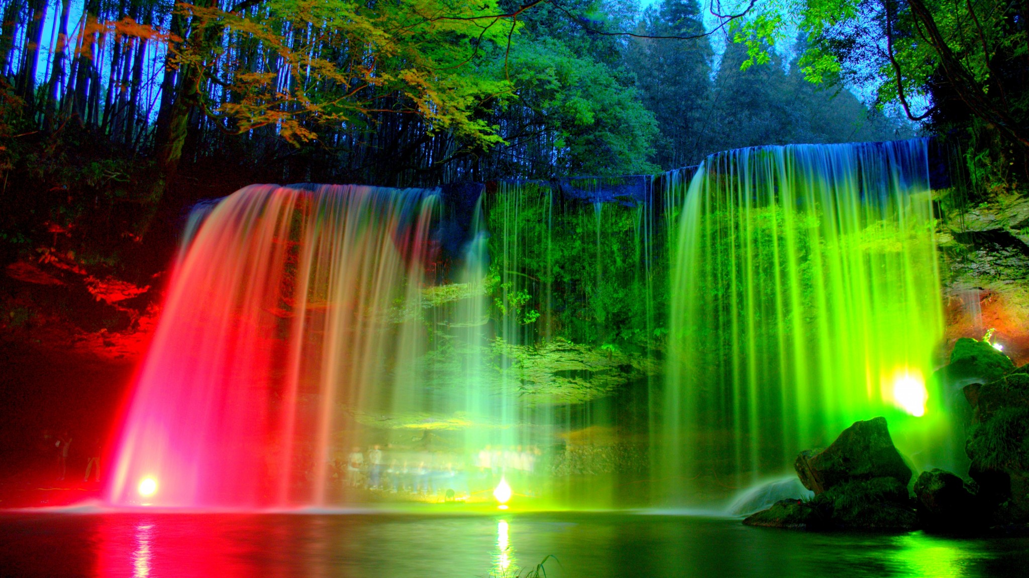 Illuminated Waterfall at Night HD Wallpaper | Background Image | 2048x1152