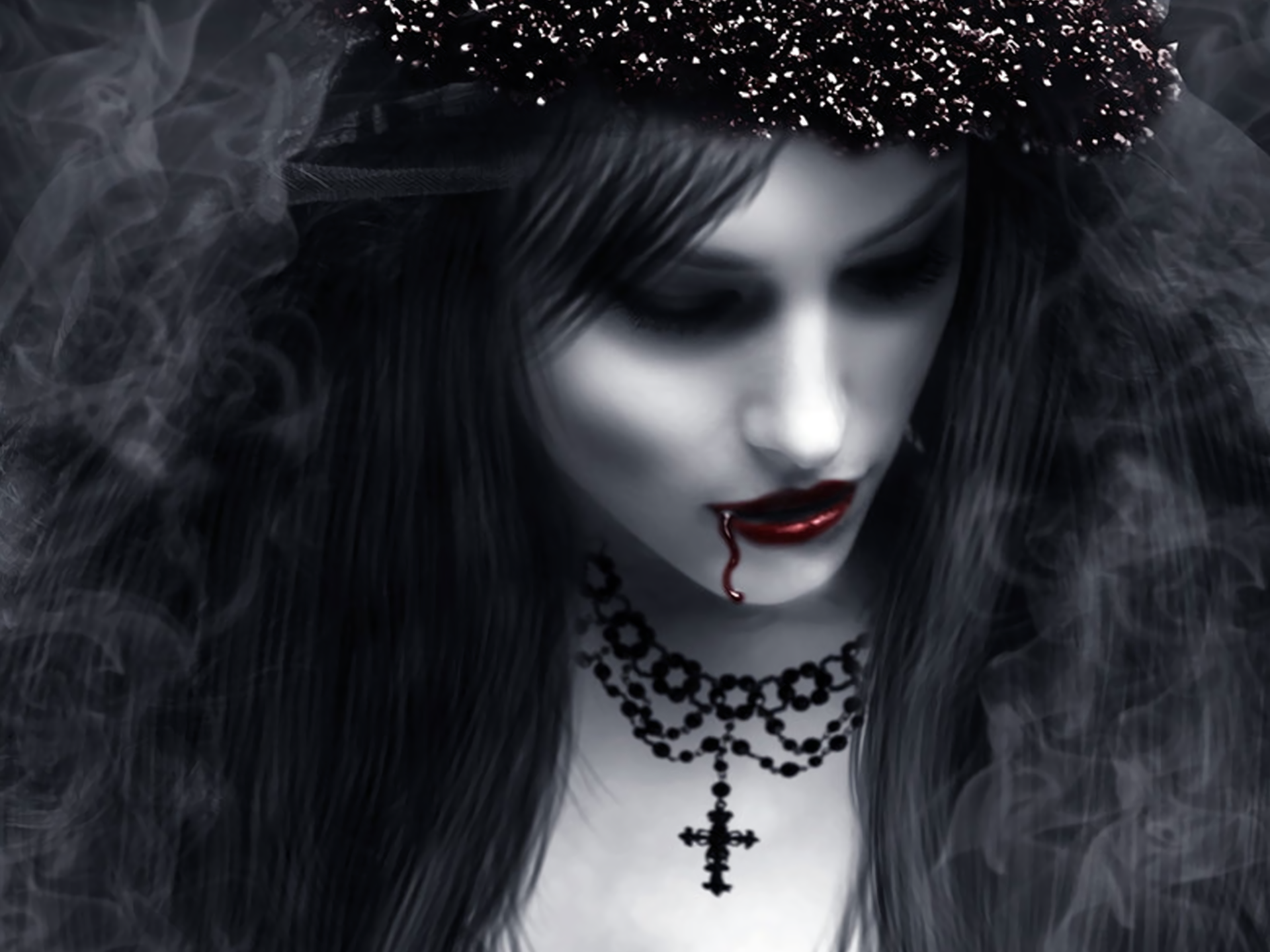 A gothic vampire with pale skin, dark hair, a cross necklace, and blood dripping from her lips, set against a dark, misty background in HD quality.