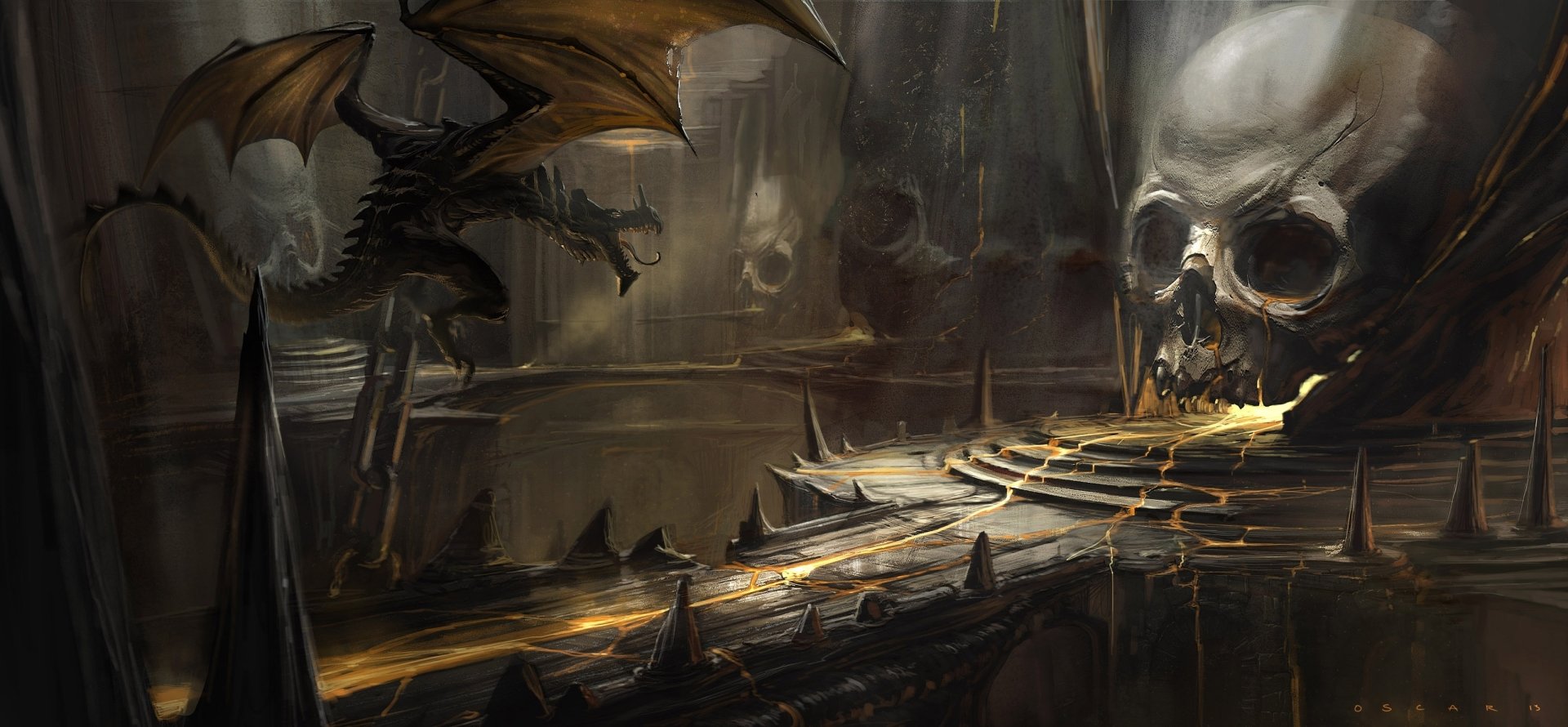 A dark fantasy scene featuring a menacing dragon and massive skulls, set against a haunting backdrop. This HD wallpaper evokes a mythical and eerie atmosphere.