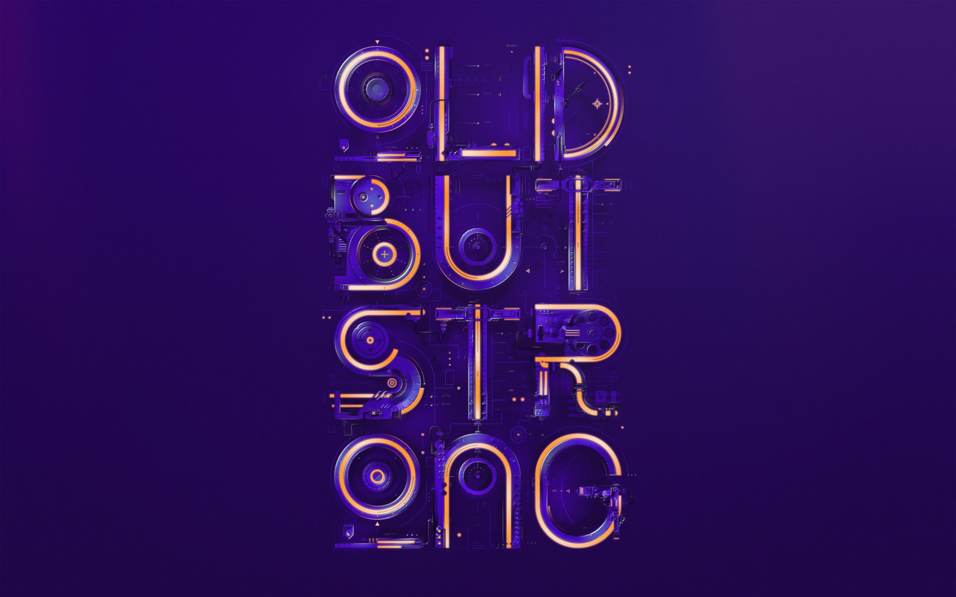 HD desktop wallpaper featuring a vibrant design with the phrase Old But Strong displayed in bold, illuminated typography against a rich purple background.