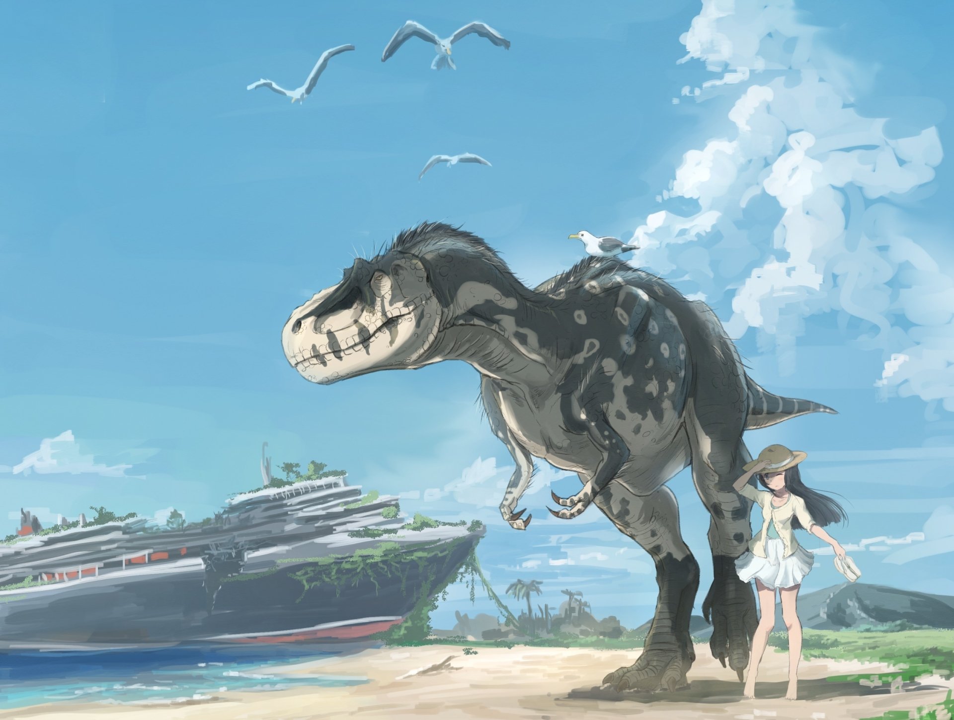 Dino Waves: Anime Tyrannosaurus Meets Cruise Beach in HD Wallpaper, image size:1920x1449