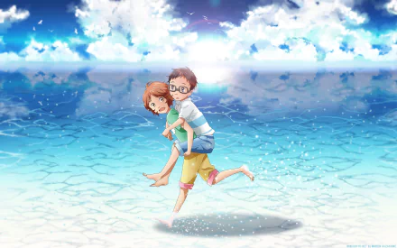Kousei Arima and Tsubaki Sawabe playfully splash in the water, set against a vibrant sky, in this HD wallpaper from the anime *Your Lie in April*.