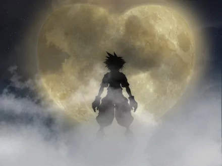 HD wallpaper of Sora from Kingdom Hearts standing in front of a full moon, surrounded by clouds. The image is tagged with Sora (Kingdom Hearts), video game, and Kingdom Hearts.