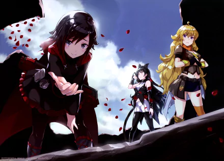 HD desktop wallpaper featuring Yang Xiao Long, Ruby Rose, and Blake Belladonna from the anime RWBY, set against a dramatic sky background with falling petals.