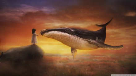 A little girl in a white dress reaches out to a massive whale against a stunning fantasy landscape at sunset, creating a magical and serene scene.