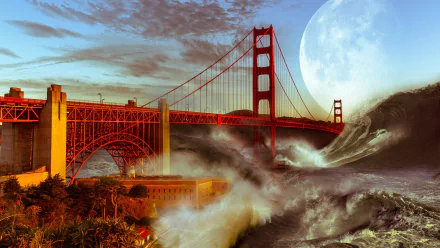 A surreal scene showcasing the Golden Gate Bridge against a backdrop of a massive moon, stormy waves, and apocalyptic skies, blending elements of sci-fi and natural chaos.