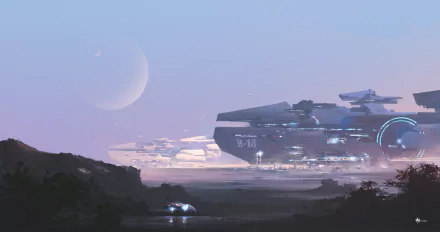 A majestic sci-fi spaceship looms against a serene landscape, with distant celestial bodies illuminating the twilight sky, creating an immersive HD PC desktop wallpaper.