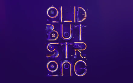 HD desktop wallpaper featuring a vibrant design with the phrase Old But Strong displayed in bold, illuminated typography against a rich purple background.