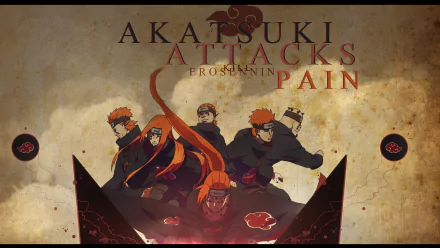 HD desktop wallpaper and background featuring characters from the Akatsuki group and Pain from the anime Naruto. Text reads Akatsuki Attacks Eros Sannin Pain.