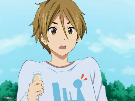 HD PC desktop wallpaper featuring Mochizo Oji from the anime Tamako Market, showing him outdoors with a surprised expression holding a small bottle.