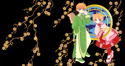 Anime-style 4K Ultra HD wallpaper featuring Syaoran Li and Sakura Kinomoto from Cardcaptor Sakura with floral branches and a moonlit window in the background.