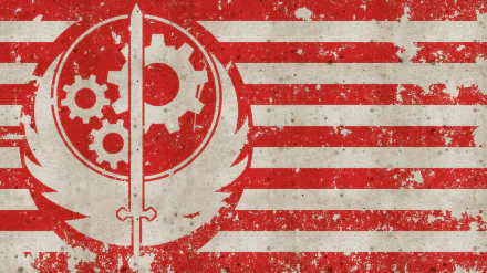 HD wallpaper featuring the emblem of the Brotherhood of Steel from Fallout 4, designed with a distressed red and white striped background and gear motifs.