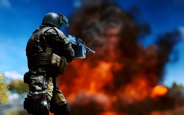 8K Ultra HD Battlefield 4 PC wallpaper: armed soldier aims a rifle as a massive fiery explosion erupts behind him, vivid action scene for a desktop background.