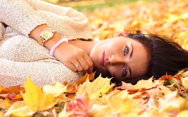 Women Model Fall Leaf Lying Down Brunette HD Wallpaper | Background Image