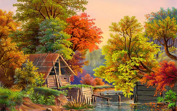 Artistic HD painting of a fall scene with a pond and rustic shack surrounded by colorful autumn trees, designed as a vivid PC desktop wallpaper background.
