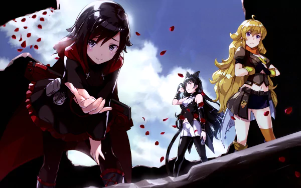 HD desktop wallpaper featuring Yang Xiao Long, Ruby Rose, and Blake Belladonna from the anime RWBY, set against a dramatic sky background with falling petals.