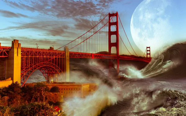 A surreal scene showcasing the Golden Gate Bridge against a backdrop of a massive moon, stormy waves, and apocalyptic skies, blending elements of sci-fi and natural chaos.