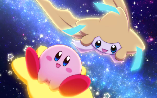 HD PC wallpaper featuring a vibrant crossover of Pokémon's Jirachi and Kirby floating joyfully in a colorful cosmic background.