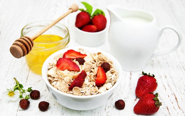 Food Breakfast Honey Strawberry Muesli Fruit Berry Milk HD Wallpaper | Background Image