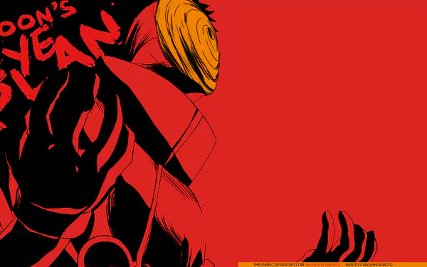 A striking HD wallpaper featuring Obito Uchiha from the anime Naruto, characterized by bold red tones and dynamic artwork that captures the essence of the character.