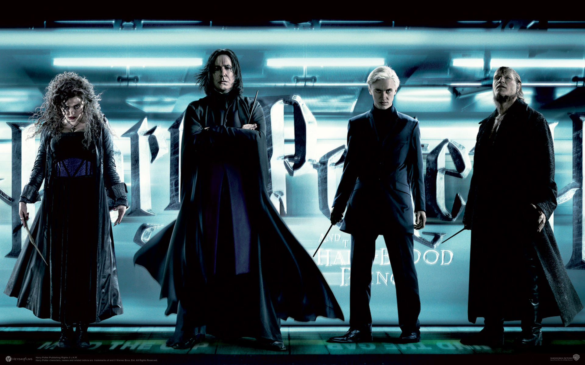 Dark wizards and Death Eaters: Bellatrix, Snape, Draco, Fenrir, Alan Rickman