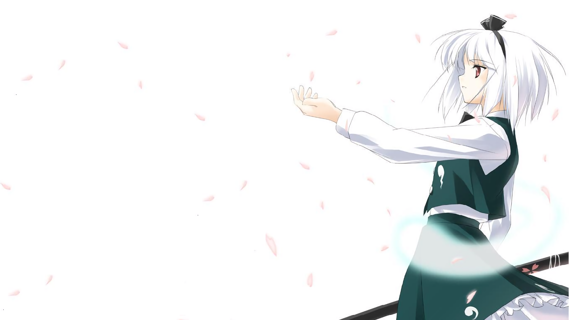 HD PC desktop wallpaper of Youmu Konpaku (Myon) from Touhou: anime portrait of her reaching out as cherry blossom petals drift across a minimalist white background.