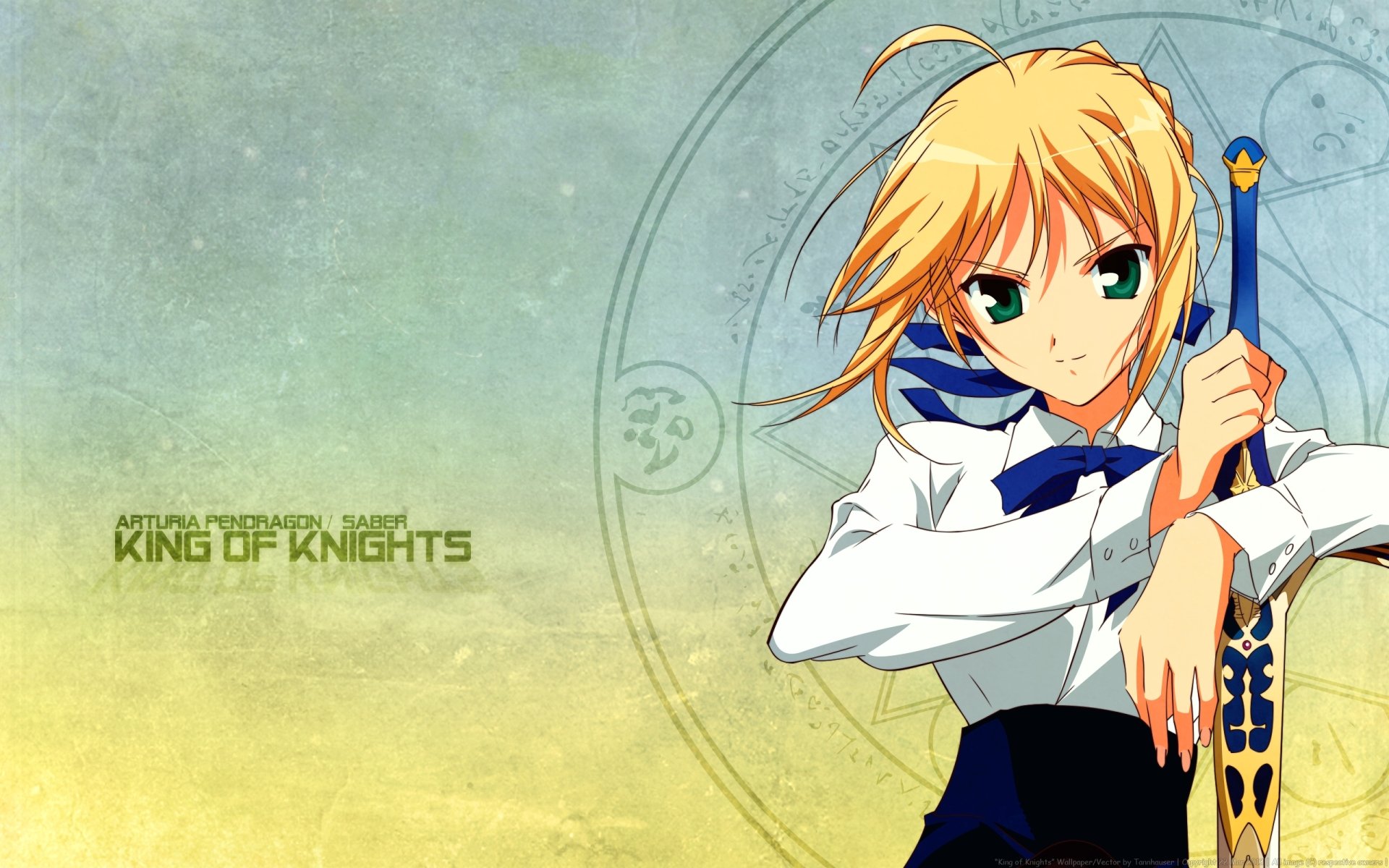 Saber (Fate/Stay Night) anime wallpaper: golden‑haired Saber holding her sword before a faded magic circle on a green‑yellow gradient — 2K Quad HD PC desktop background