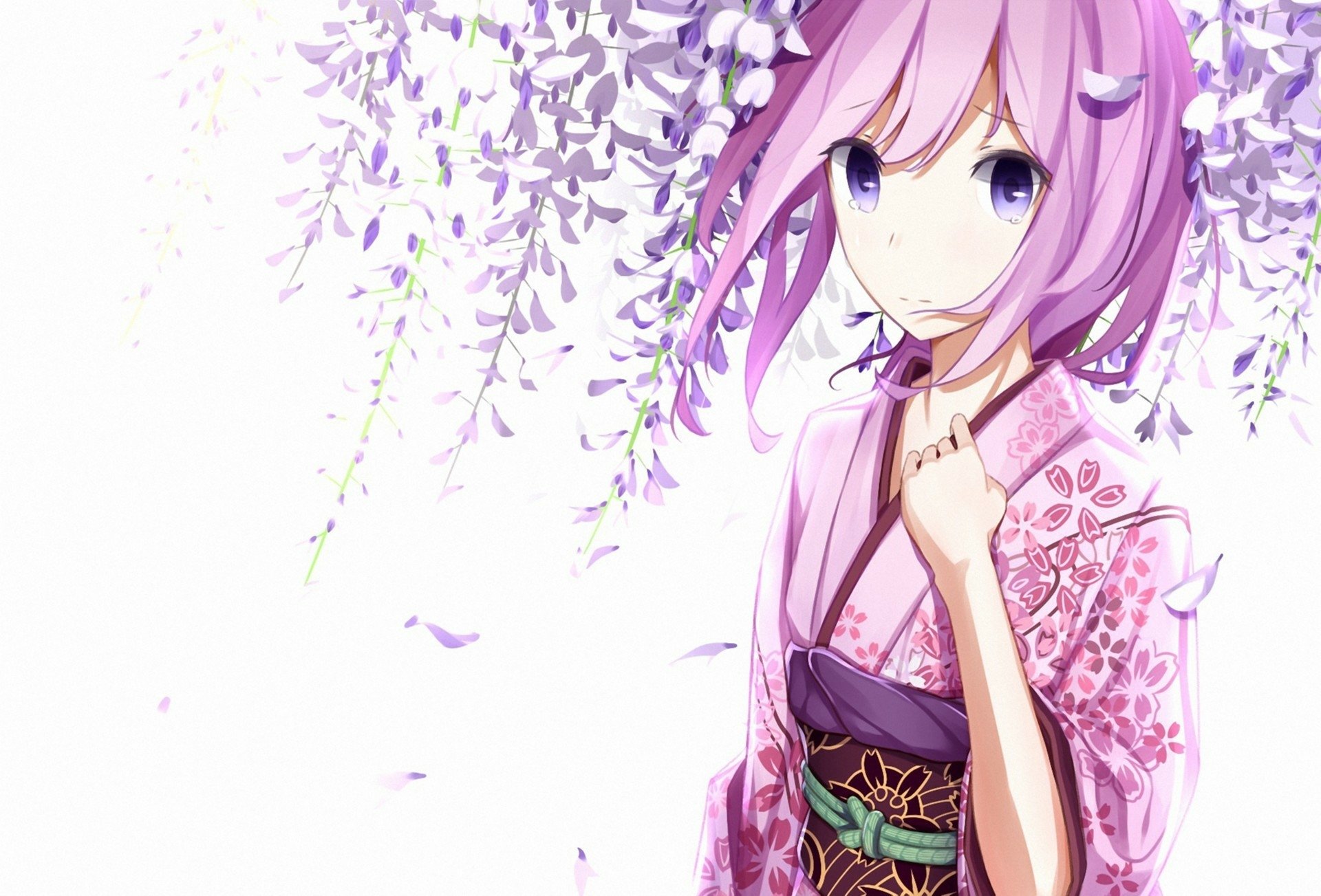 Luka Megurine, an anime Vocaloid character, stands gracefully in a kimono, surrounded by wisteria flowers, showcasing her pink hair and captivating purple eyes.