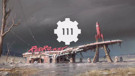HD PC desktop wallpaper featuring Vault 111 logo and Red Rocket gas station from the Fallout 4 video game, set against a moody, post-apocalyptic sky.
