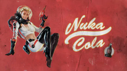 A retro-styled Fallout 4 HD desktop wallpaper featuring a pin-up girl in space attire holding a Nuka Cola bottle, set against a red background with Nuka Cola written in bold lettering.