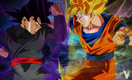 HD desktop wallpaper featuring Goku and Black Goku from Dragon Ball Super in an intense battle scene, capturing the vibrant, dynamic energy of the anime.