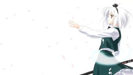 HD PC desktop wallpaper of Youmu Konpaku (Myon) from Touhou: anime portrait of her reaching out as cherry blossom petals drift across a minimalist white background.