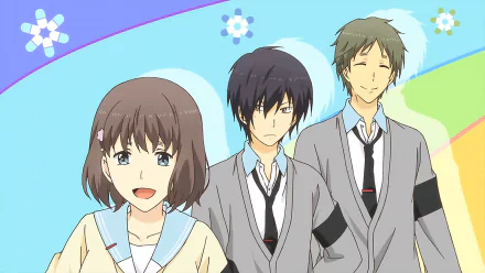 HD desktop wallpaper of Nobunaga Asaji, Akira Inukai, and Honoka Tamarai from the anime ReLIFE. The characters are in a cheerful background with vibrant colors and floral designs.