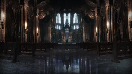 Dark Souls III HD PC wallpaper depicting a dimly lit, grand gothic cathedral interior with reflective floors and intricate architectural details.