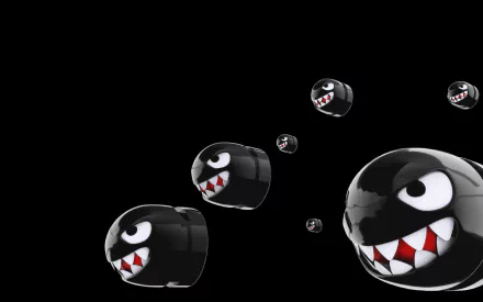 2K Quad HD PC desktop wallpaper of glossy Chain Chomps — black spheres with jagged teeth and a single eye — Super Mario Bros. video game background on black.