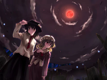 HD Touhou wallpaper of Maribel Hearn and Renko Usami standing among ruined stone pillars beneath a blood-red moon and swirling clouds, with eerie blue lights dotting the ground.