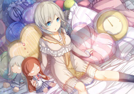Anastasia from The iDOLM@STER Cinderella Girls relaxes among colorful pillows in this vibrant HD anime wallpaper, showcasing her charming character and playful atmosphere.