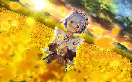 Anime character Rem from Re:Zero - Starting Life in Another World stands in a vibrant field of yellow flowers under a colorful sky, in this HD desktop wallpaper and background.
