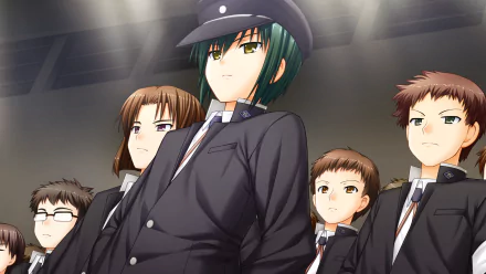 HD anime wallpaper featuring Ayato Naoi from Angel Beats!, alongside four classmates, all in school uniforms under dramatic lighting.