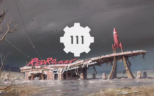 HD PC desktop wallpaper featuring Vault 111 logo and Red Rocket gas station from the Fallout 4 video game, set against a moody, post-apocalyptic sky.