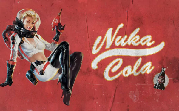 A retro-styled Fallout 4 HD desktop wallpaper featuring a pin-up girl in space attire holding a Nuka Cola bottle, set against a red background with Nuka Cola written in bold lettering.