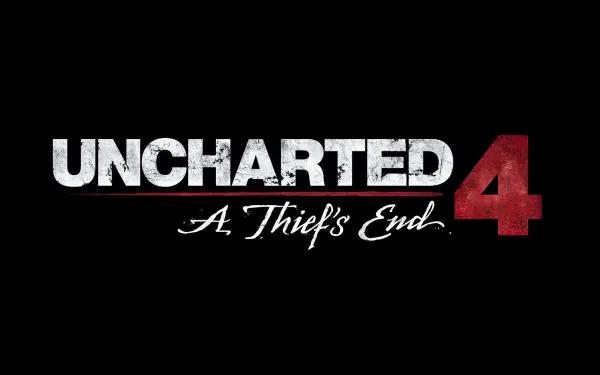 Uncharted 4: A Thief's End video game logo in distressed white and red on black — HD PC desktop wallpaper and background.