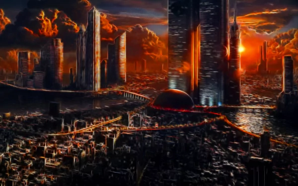 A dramatic sci-fi cityscape under ominous clouds, with fiery hues illuminating towering skyscrapers. This HD wallpaper captures a breathtaking apocalyptic atmosphere.