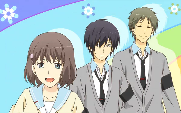 HD desktop wallpaper of Nobunaga Asaji, Akira Inukai, and Honoka Tamarai from the anime ReLIFE. The characters are in a cheerful background with vibrant colors and floral designs.