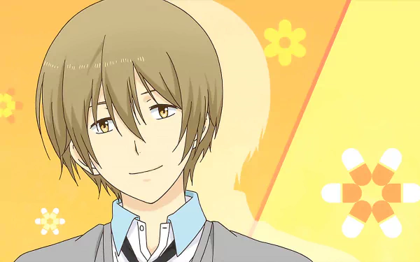 HD desktop wallpaper featuring Ryou Yoake from the anime ReLIFE. Ryou is depicted with a soft smile against a cheerful, flower-patterned orange and yellow background.
