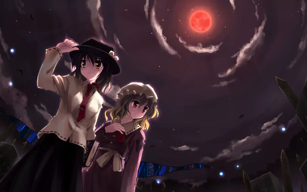 HD Touhou wallpaper of Maribel Hearn and Renko Usami standing among ruined stone pillars beneath a blood-red moon and swirling clouds, with eerie blue lights dotting the ground.